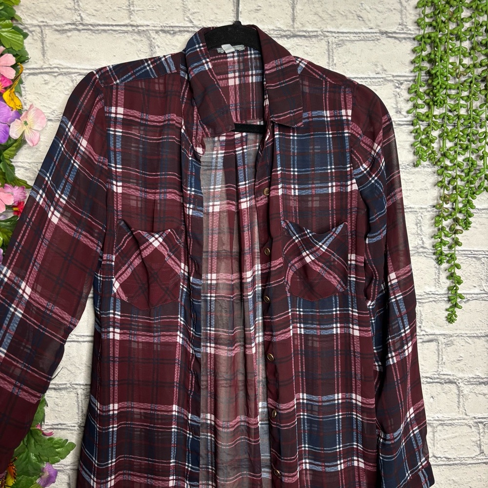 *🌼3/$30🌼Charlotte Russe Plaid Sheer Button Down Top Size Small - Picture 5 of 16
